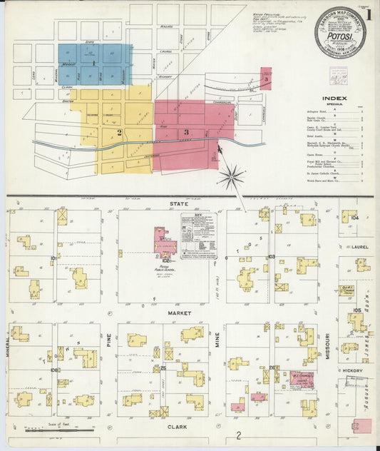 Sanborn Fire Insurance Map from Potosi, Washington County, Missouri (1908), Sheet #0001 - Complete Map Set gallery image, historic Sanborn map, vintage wall art, Missouri Missouri