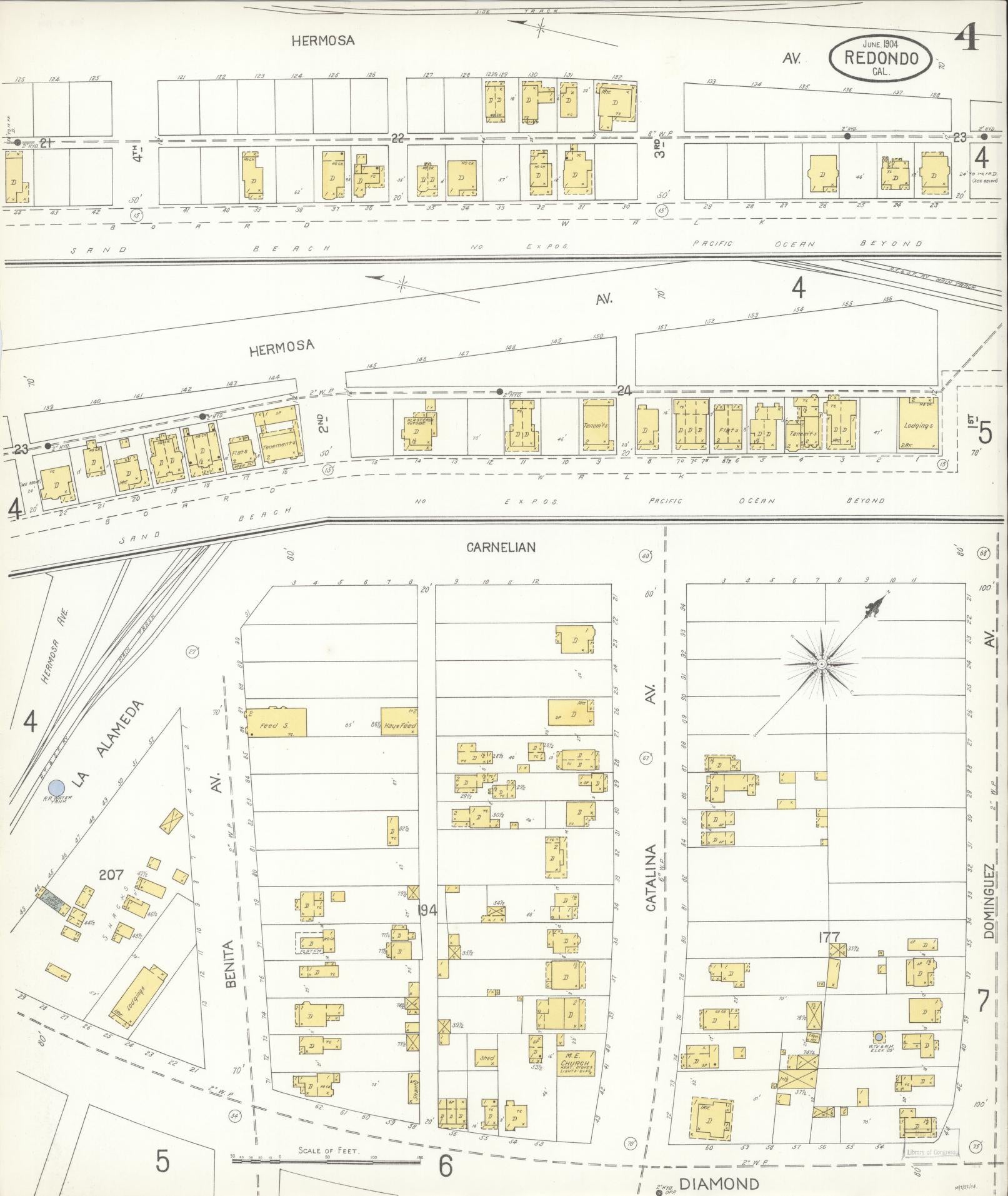 Sanborn Fire Insurance Map from Redondo Beach, Los Angeles County, California (1904), Sheet #0004 - Complete Map Set gallery image, historic Sanborn map, vintage wall art, California California