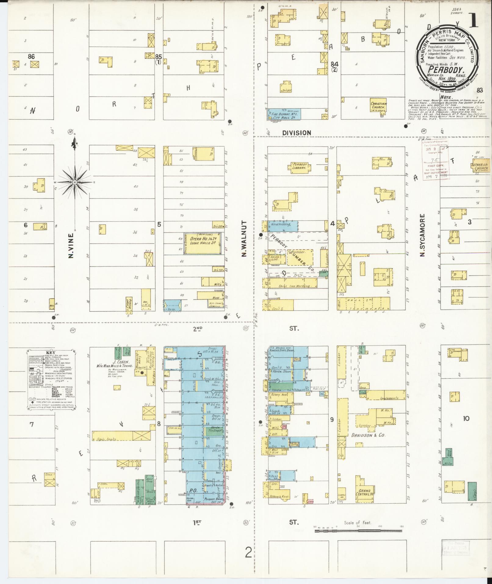 Sanborn Fire Insurance Map from Peabody, Marion County, Kansas (1899), Sheet #0001 - Complete Map Set gallery image, historic Sanborn map, vintage wall art, Kansas Kansas