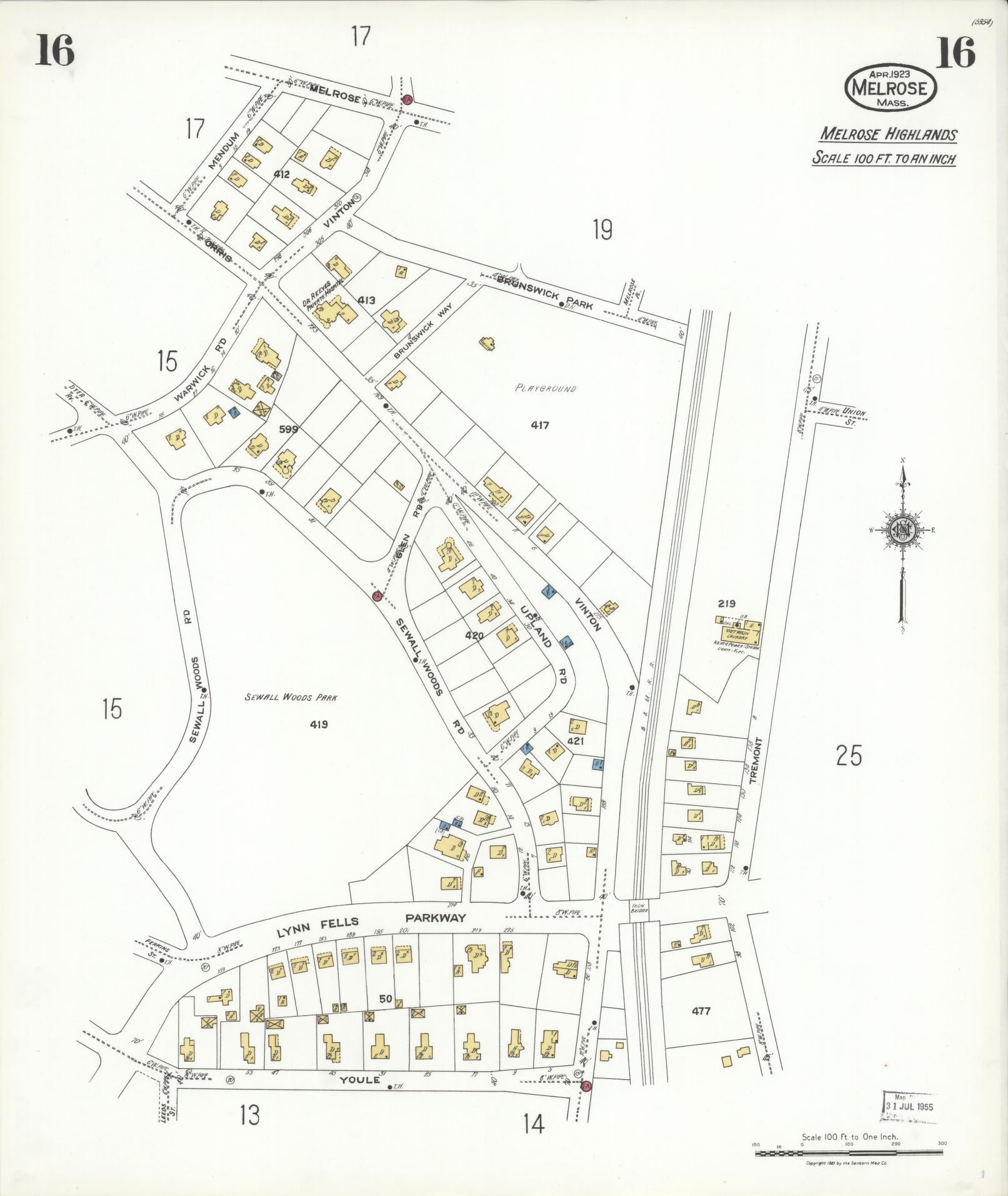 Sanborn Fire Insurance Map from Melrose, Middlesex County, Massachusetts (1923), Sheet #0016 - Complete Map Set gallery image, historic Sanborn map, vintage wall art, Massachusetts Massachusetts