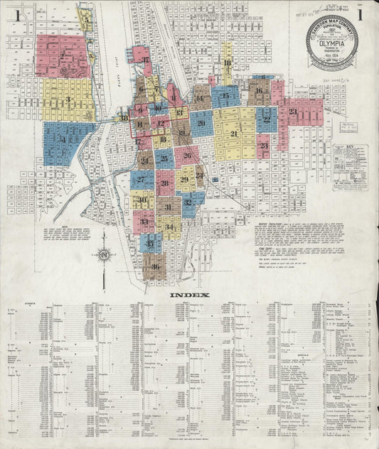 Sanborn Fire Insurance Map from Olympia, Thurston County, Washington (1924), Sheet #0001 - Historic Sanborn Fire Insurance Map Print, vintage old map wall art, antique decor, genealogy gift, Washington Washington map