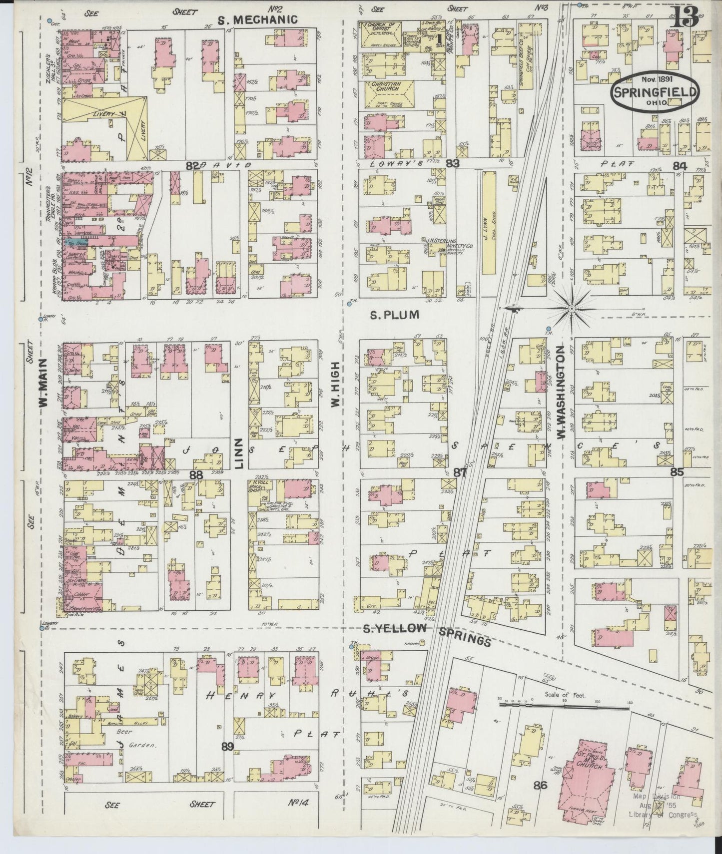 Sanborn Fire Insurance Map from Springfield, Clark County, Ohio (1891), Sheet #0013 - Complete Map Set gallery image, historic Sanborn map, vintage wall art, Ohio Ohio