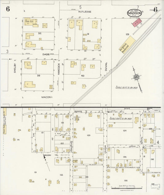 Sanborn Fire Insurance Map from Madison, Madison County, Florida (1924), Sheet #0006 - Historic Sanborn Fire Insurance Map Print, vintage old map wall art, antique decor, genealogy gift, Florida Florida map