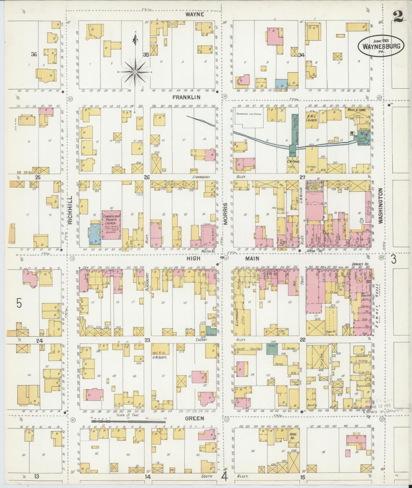Sanborn Fire Insurance Map from Waynesburg, Greene County, Pennsylvania (1901), Sheet #0002 - Complete Map Set gallery image, historic Sanborn map, vintage wall art, Pennsylvania Pennsylvania