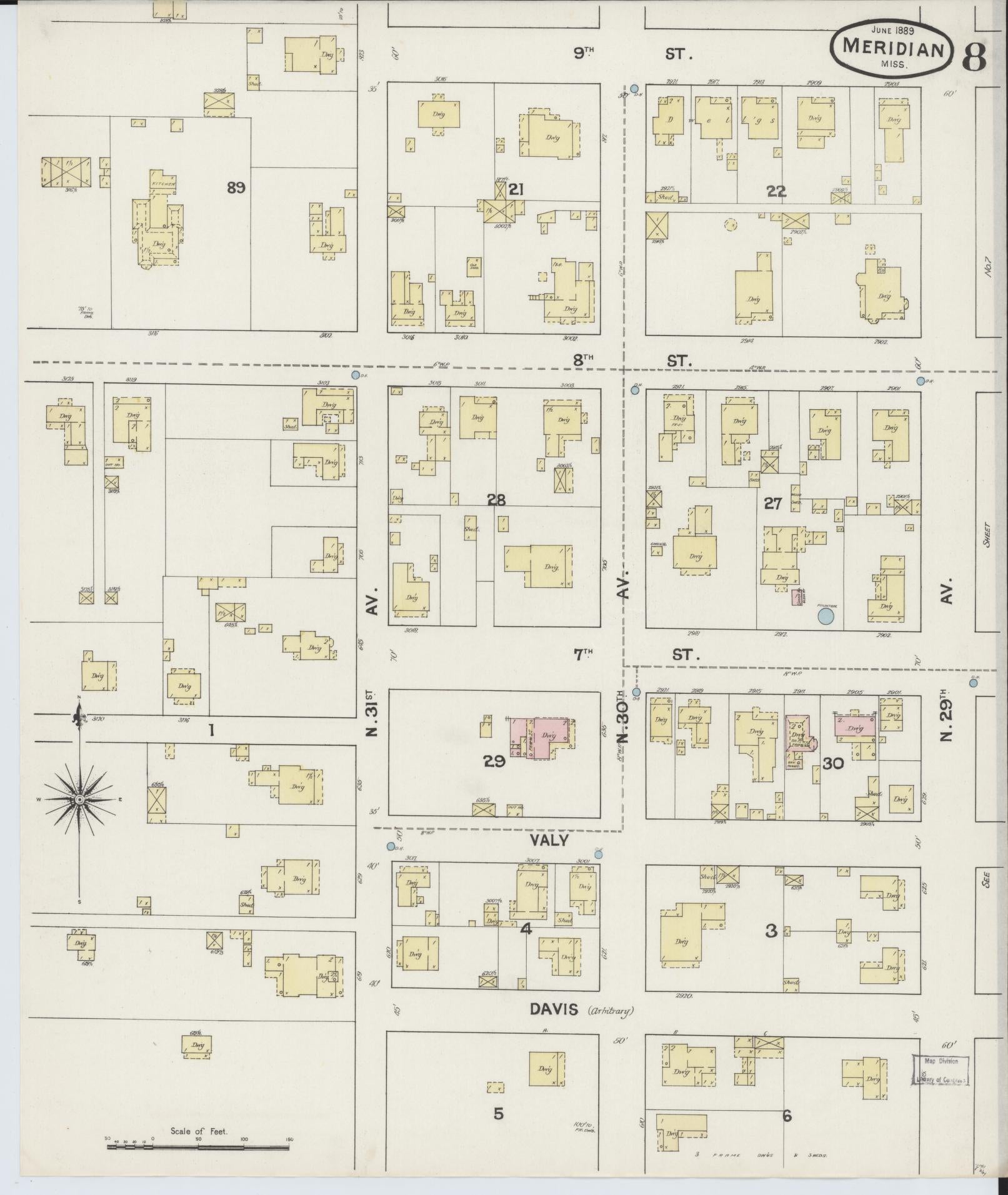 Sanborn Fire Insurance Map from Meridian, Lauderdale County, Mississippi (1889), Sheet #0008 - Complete Map Set gallery image, historic Sanborn map, vintage wall art, Mississippi Mississippi