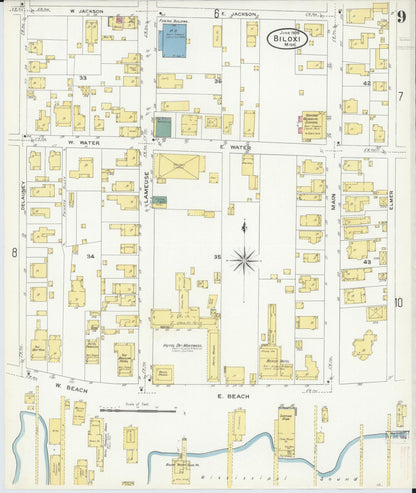 Sanborn Fire Insurance Map from Biloxi, Harrison County, Mississippi (1909), Sheet #0009 - Complete Map Set gallery image, historic Sanborn map, vintage wall art, Mississippi Mississippi