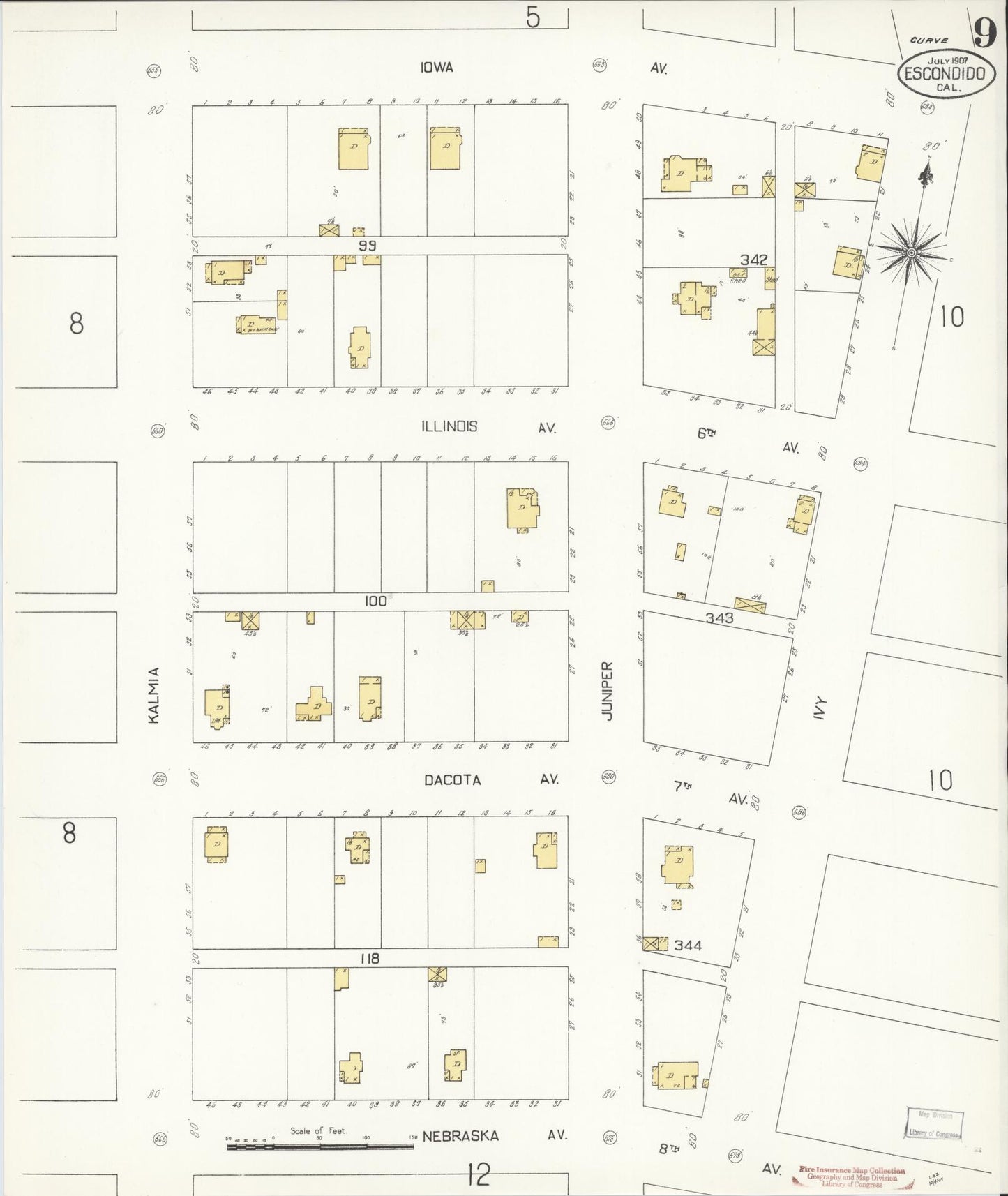 Sanborn Fire Insurance Map from Escondido, San Diego County, California (1907), Sheet #0009 - Complete Map Set gallery image, historic Sanborn map, vintage wall art, California California
