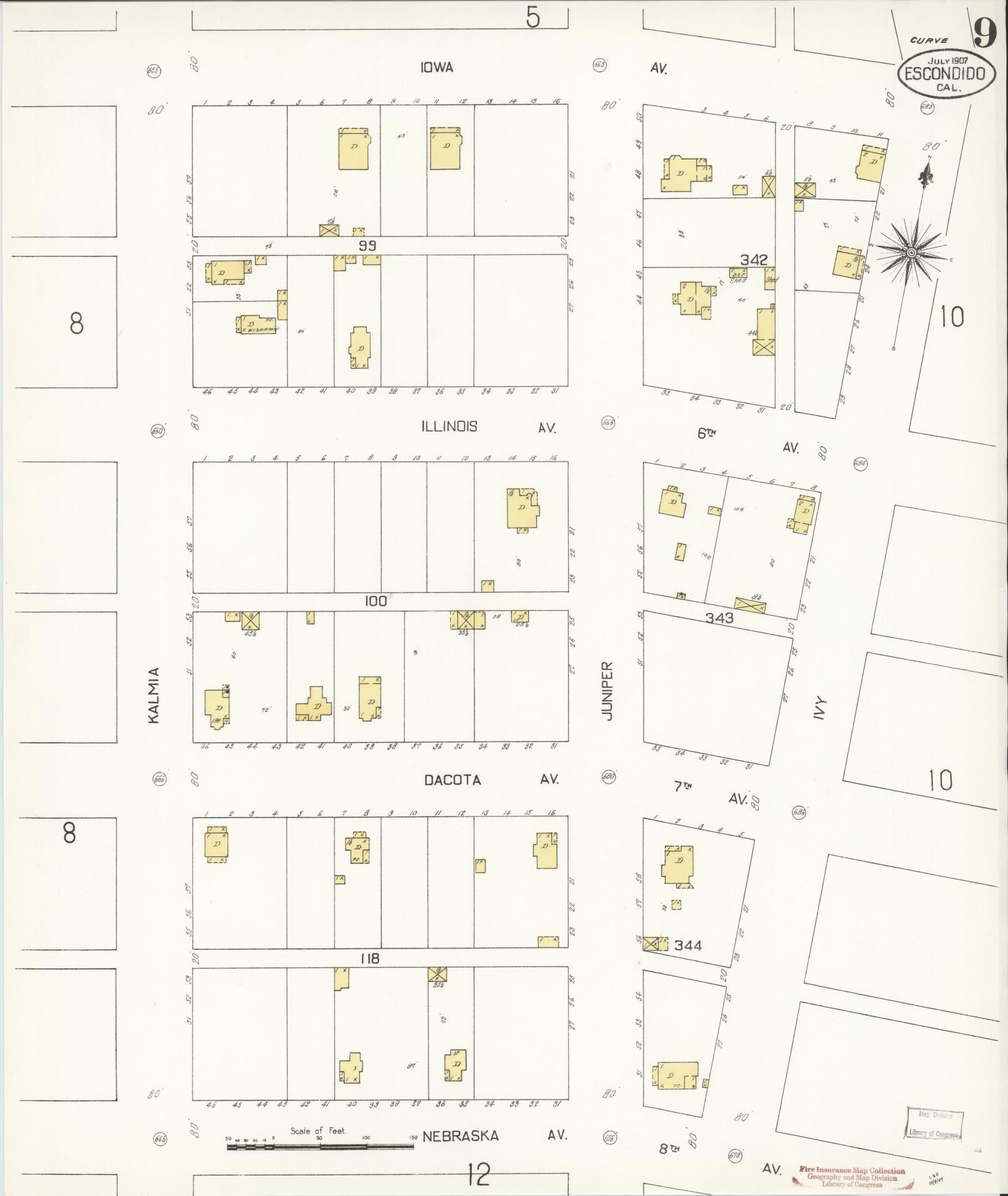 Sanborn Fire Insurance Map from Escondido, San Diego County, California (1907), Sheet #0009 - Complete Map Set gallery image, historic Sanborn map, vintage wall art, California California