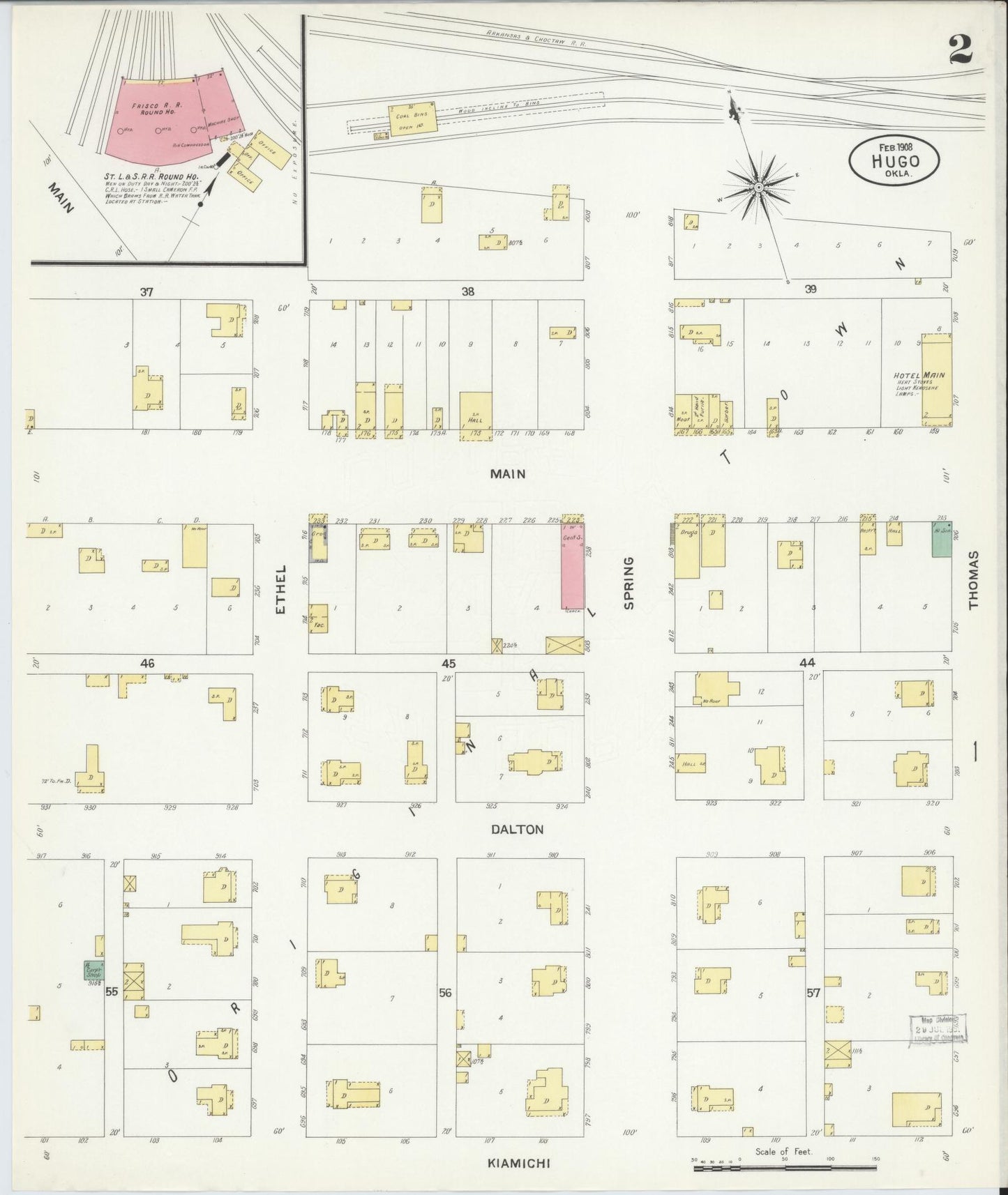 Sanborn Fire Insurance Map from Hugo, Choctaw County, Oklahoma (1908), Sheet #0002 - Complete Map Set gallery image, historic Sanborn map, vintage wall art, Oklahoma Oklahoma