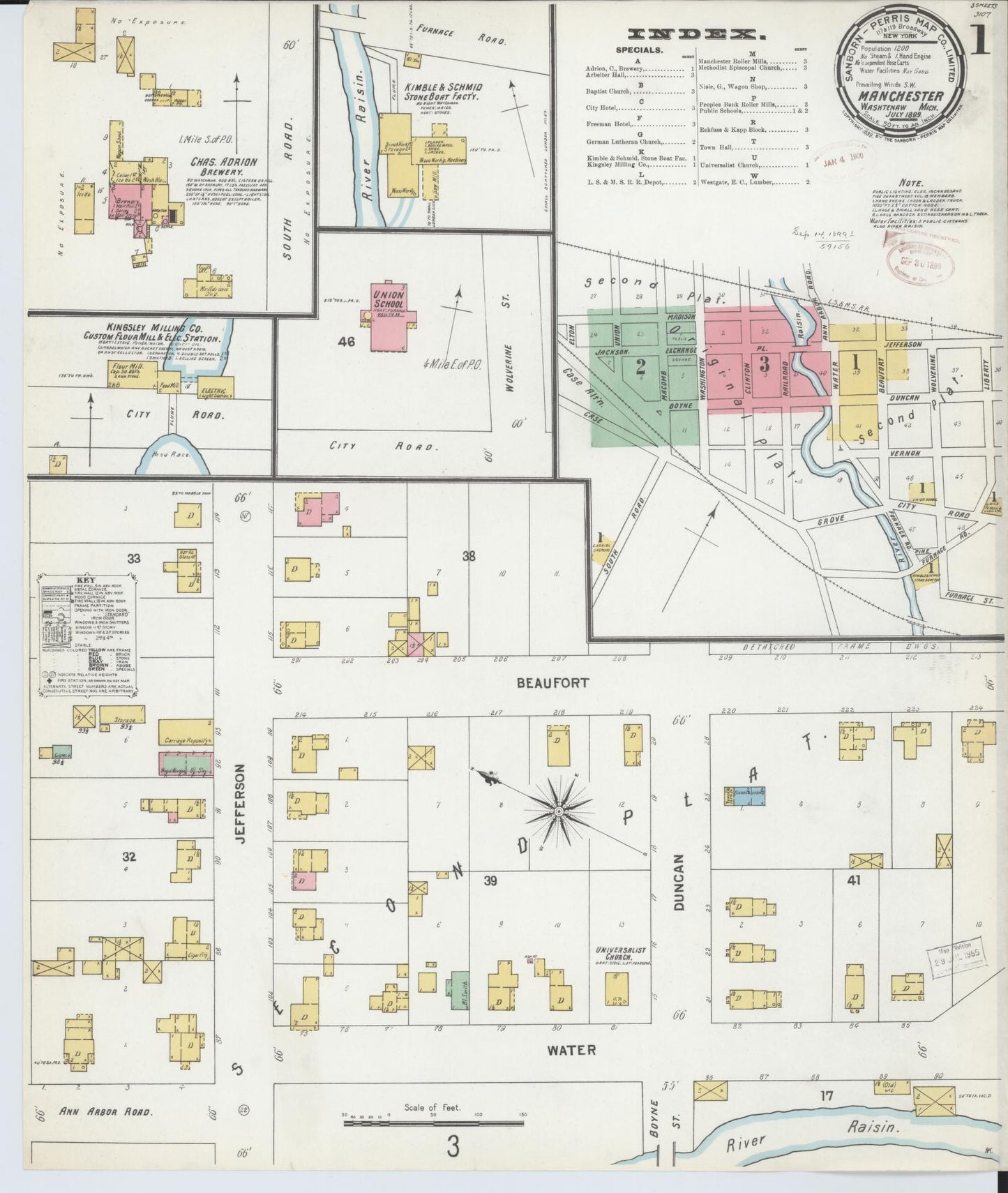 Sanborn Fire Insurance Map from Manchester, Washtenaw County, Michigan (1899), Sheet #0001 - Complete Map Set gallery image, historic Sanborn map, vintage wall art, Michigan Michigan