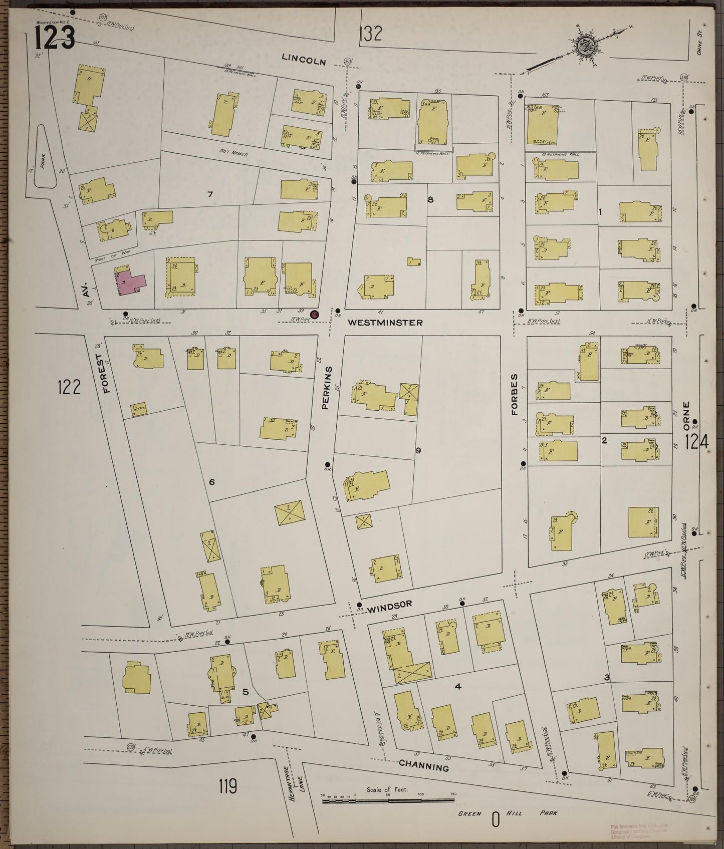 Sanborn Fire Insurance Map from Worcester, Worcester County, Massachusetts (1910), Sheet #0123 - Complete Map Set gallery image, historic Sanborn map, vintage wall art, Massachusetts Massachusetts