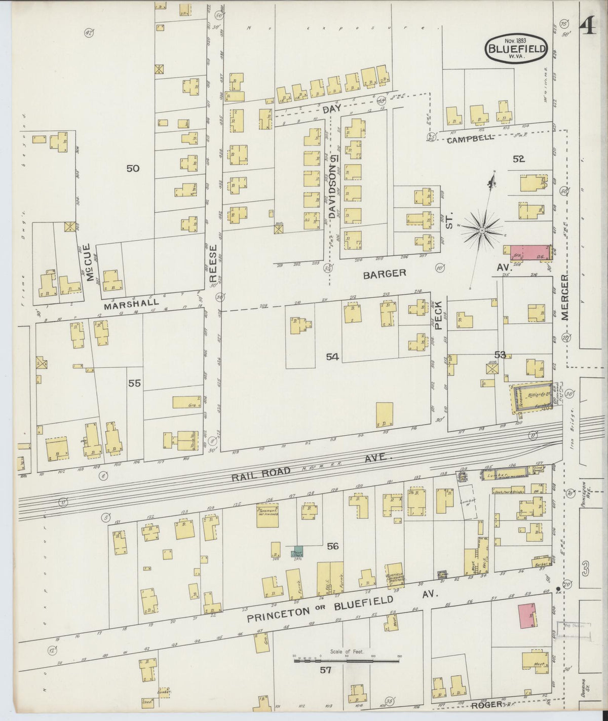 Sanborn Fire Insurance Map from Bluefield, Mercer County, West Virginia (1893), Sheet #0004 - Historic Sanborn Fire Insurance Map Print, vintage old map wall art, antique decor, genealogy gift, West Virginia West Virginia map