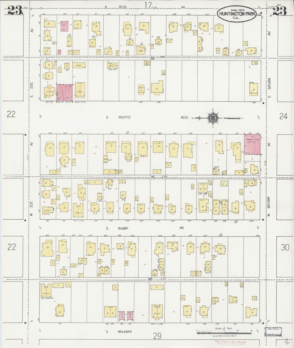 Sanborn Fire Insurance Map from Huntington Park, Los Angeles County, California (1924), Sheet #0023 - Complete Map Set gallery image, historic Sanborn map, vintage wall art, California California