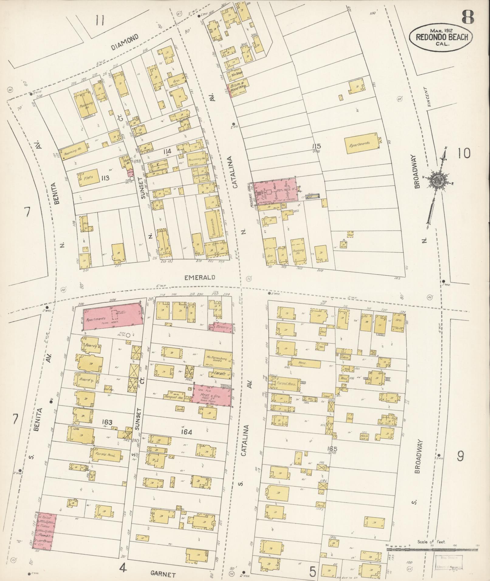 Sanborn Fire Insurance Map from Redondo Beach, Los Angeles County, California (1912), Sheet #0008 - Complete Map Set gallery image, historic Sanborn map, vintage wall art, California California