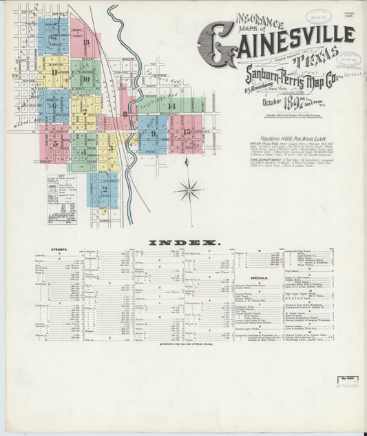 Sanborn Fire Insurance Map from Gainesville, Cooke County, Texas (1897), Sheet #0001 - Historic Sanborn Fire Insurance Map Print, vintage old map wall art, antique decor, genealogy gift, Texas Texas map