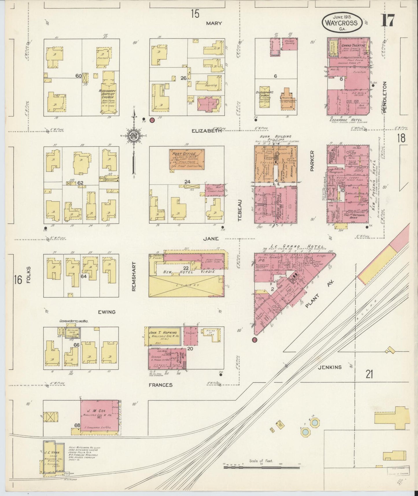 Sanborn Fire Insurance Map from Waycross, Ware County, Georgia (1913), Sheet #0017 - Complete Map Set gallery image, historic Sanborn map, vintage wall art, Georgia Georgia
