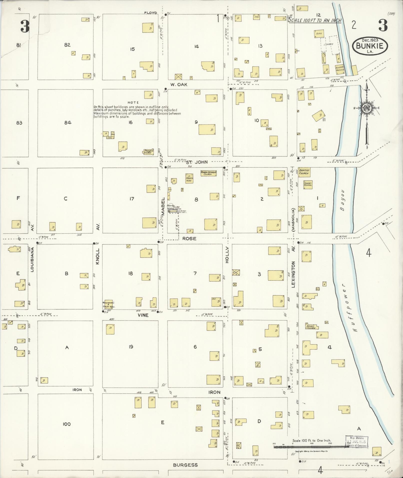 Sanborn Fire Insurance Map from Bunkie, Avoyelles Parish, Louisiana (1923), Sheet #0003 - Complete Map Set gallery image, historic Sanborn map, vintage wall art, Louisiana Louisiana