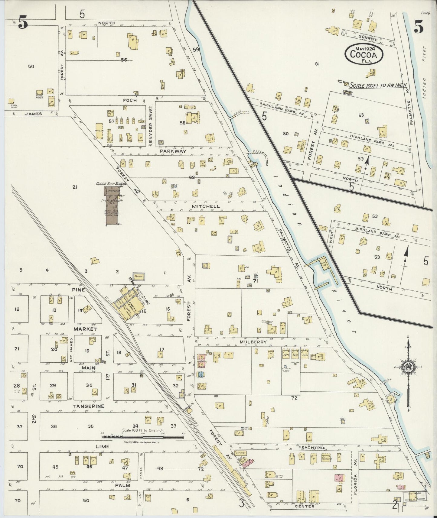 Sanborn Fire Insurance Map from Cocoa, Brevard County, Florida (1924), Sheet #0005 - Historic Sanborn Fire Insurance Map Print, vintage old map wall art, antique decor, genealogy gift, Florida Florida map