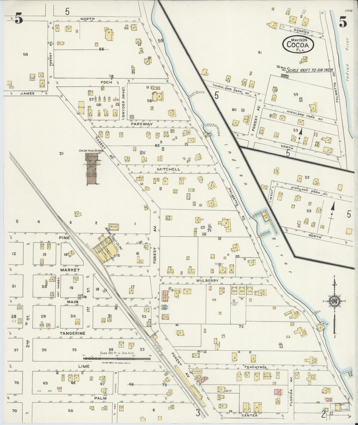 Sanborn Fire Insurance Map from Cocoa, Brevard County, Florida (1924), Sheet #0005 - Historic Sanborn Fire Insurance Map Print, vintage old map wall art, antique decor, genealogy gift, Florida Florida map