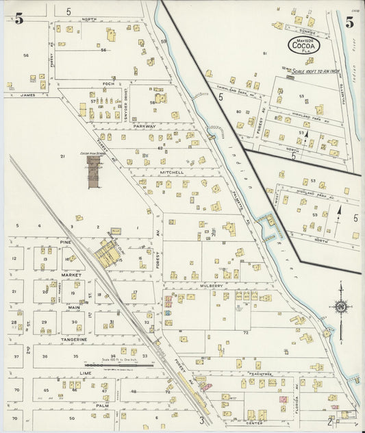 Sanborn Fire Insurance Map from Cocoa, Brevard County, Florida (1924), Sheet #0005 - Historic Sanborn Fire Insurance Map Print, vintage old map wall art, antique decor, genealogy gift, Florida Florida map