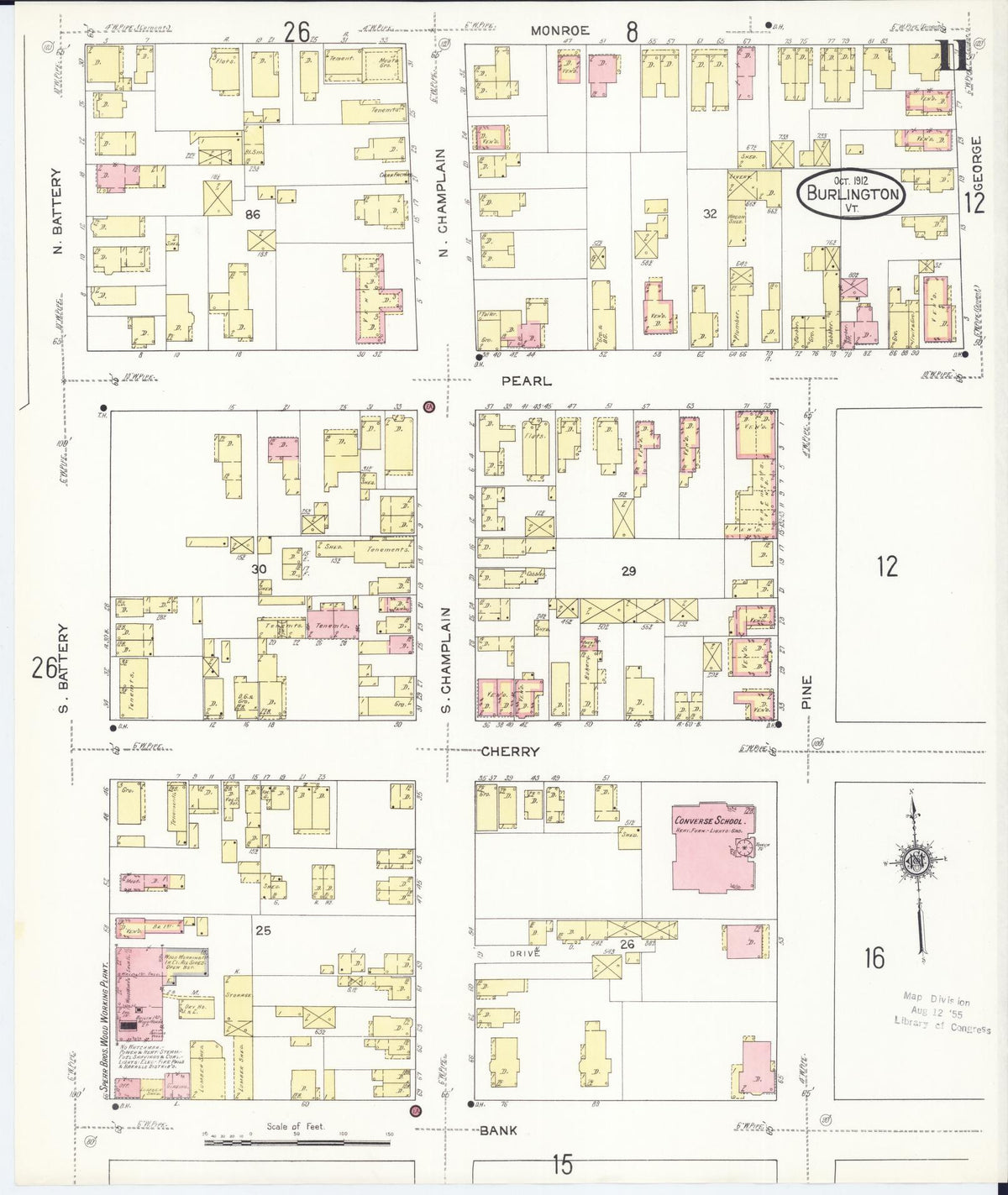 Sanborn Fire Insurance Map from Burlington, Chittenden County, Vermont (1912), Sheet #0011 - Historic Sanborn Fire Insurance Map Print, vintage old map wall art, antique decor, genealogy gift, Vermont Vermont map