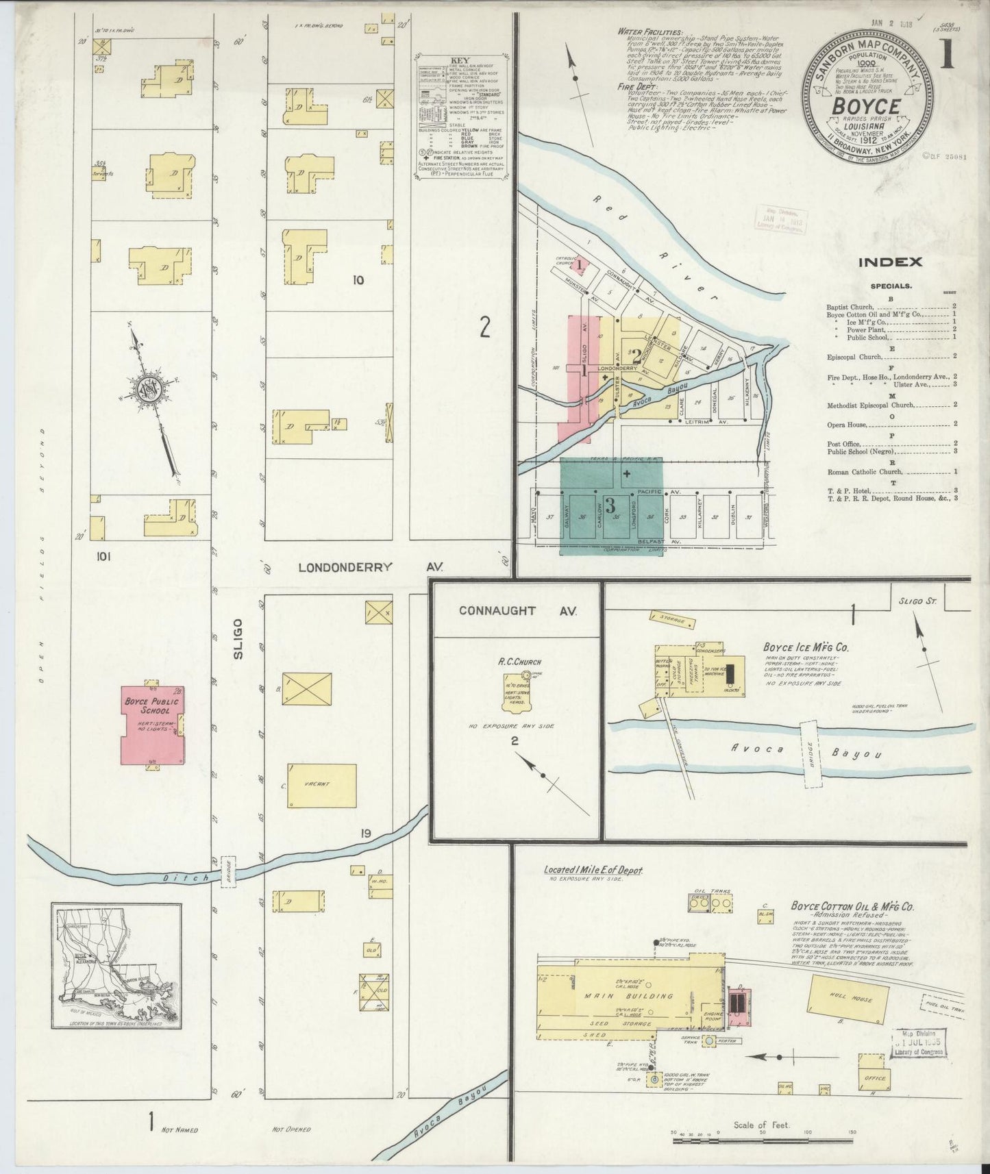 Sanborn Fire Insurance Map from Boyce, Rapides Parish, Louisiana (1912), Sheet #0001 - Complete Map Set gallery image, historic Sanborn map, vintage wall art, Louisiana Louisiana