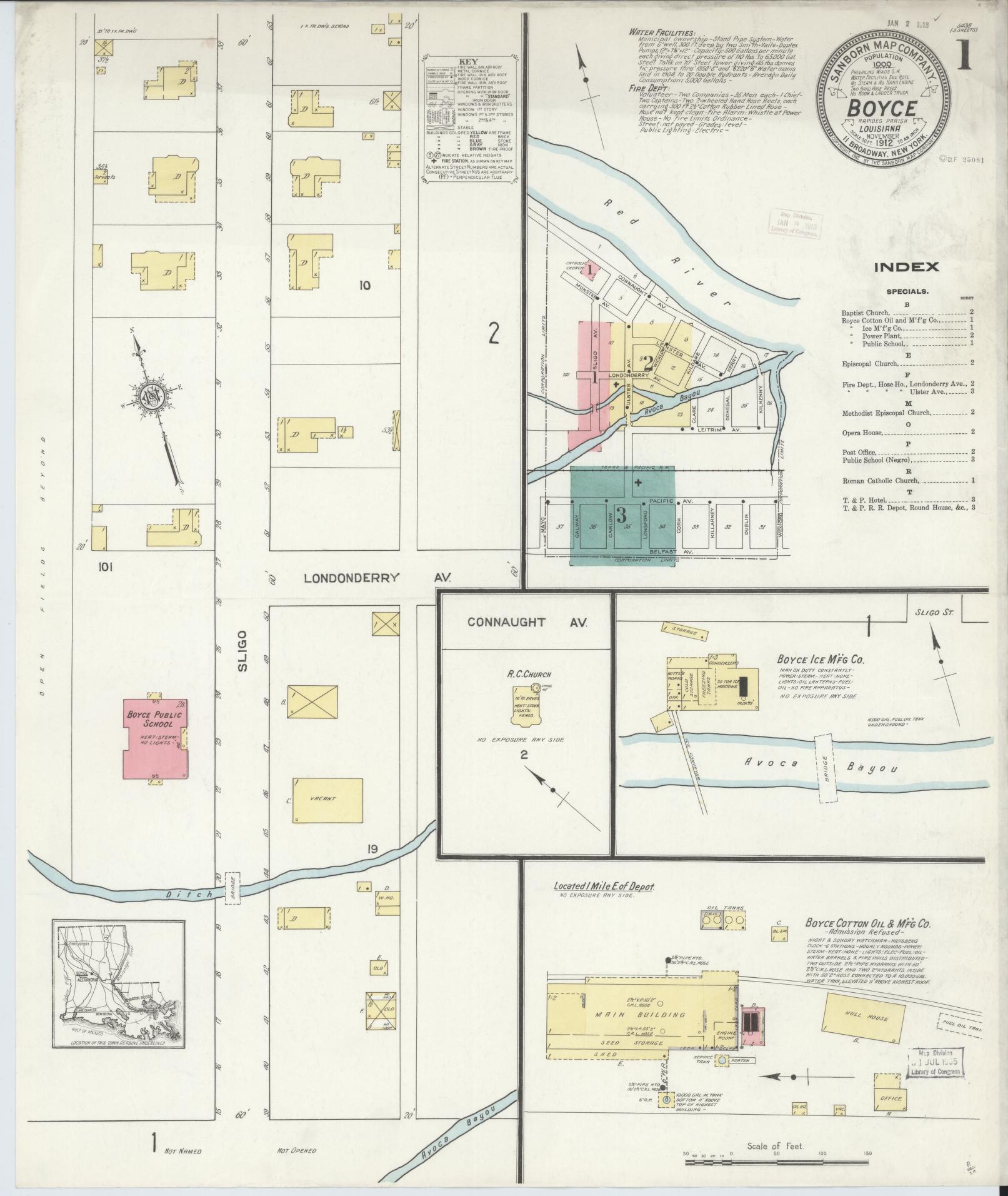 Sanborn Fire Insurance Map from Boyce, Rapides Parish, Louisiana (1912), Sheet #0001 - Complete Map Set gallery image, historic Sanborn map, vintage wall art, Louisiana Louisiana