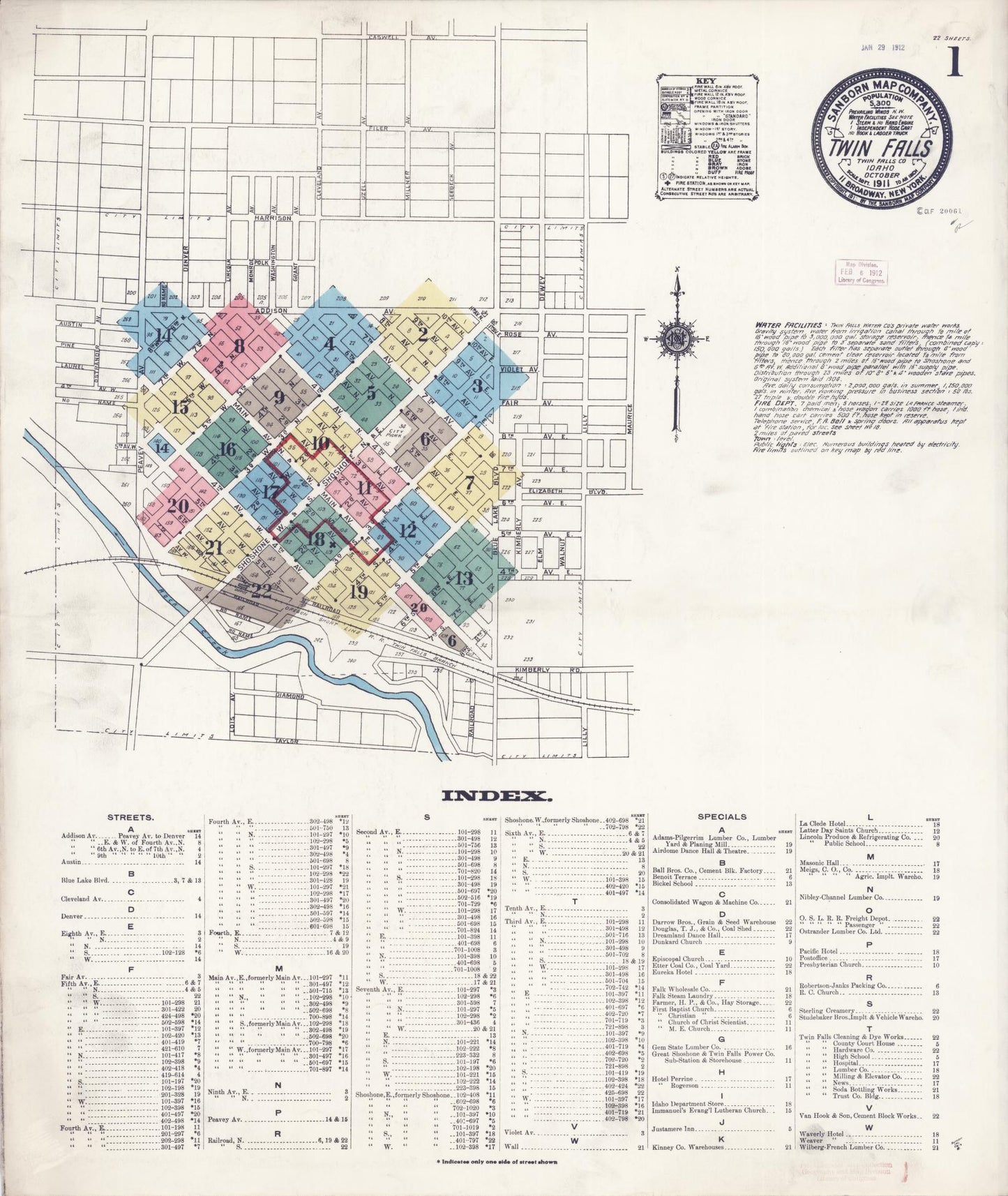 Sanborn Fire Insurance Map from Twin Falls, Twin Falls County, Idaho (1911), Sheet #0001 - Complete Map Set gallery image, historic Sanborn map, vintage wall art, Falls Idaho