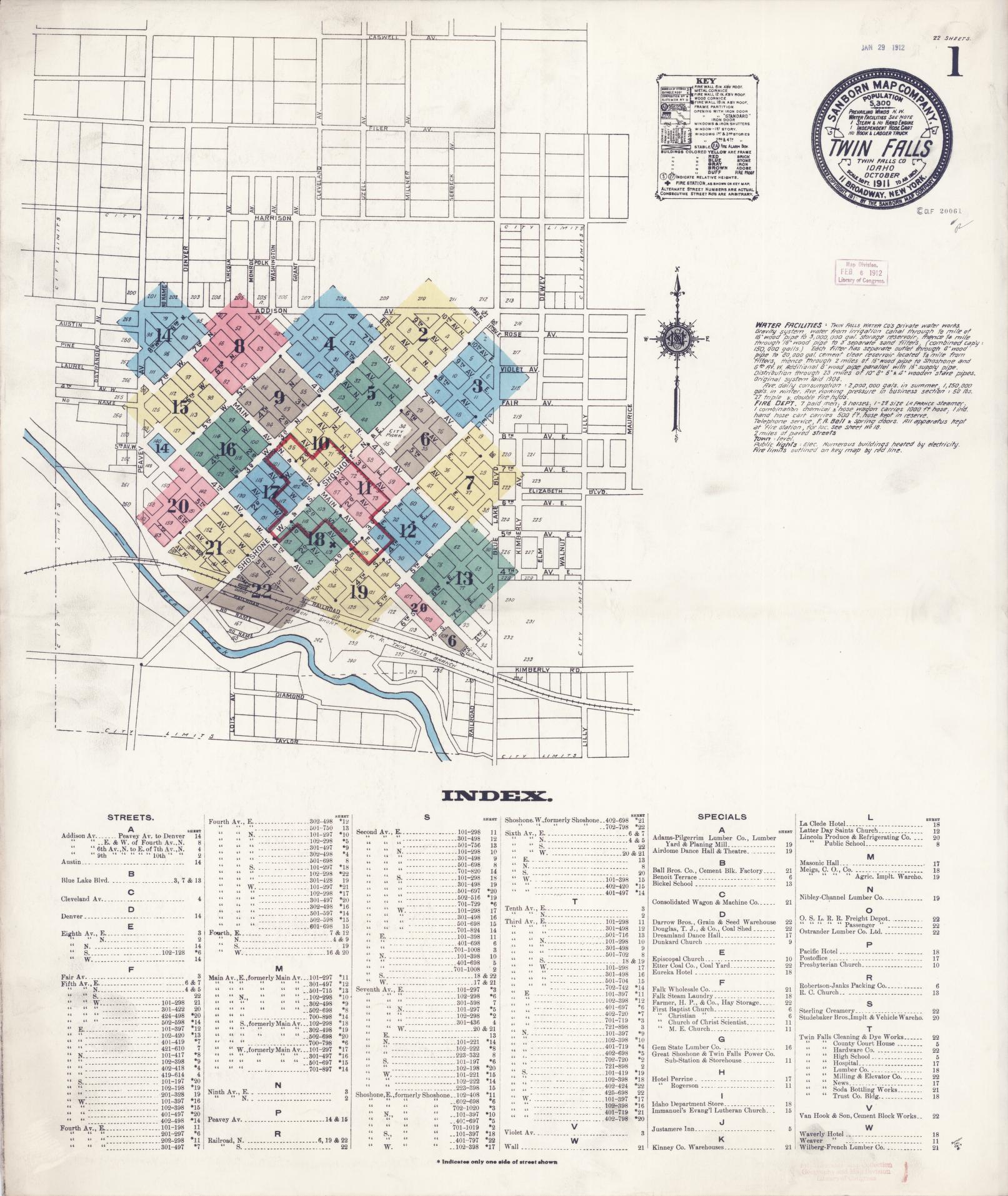 Sanborn Fire Insurance Map from Twin Falls, Twin Falls County, Idaho (1911), Sheet #0001 - Complete Map Set gallery image, historic Sanborn map, vintage wall art, Falls Idaho