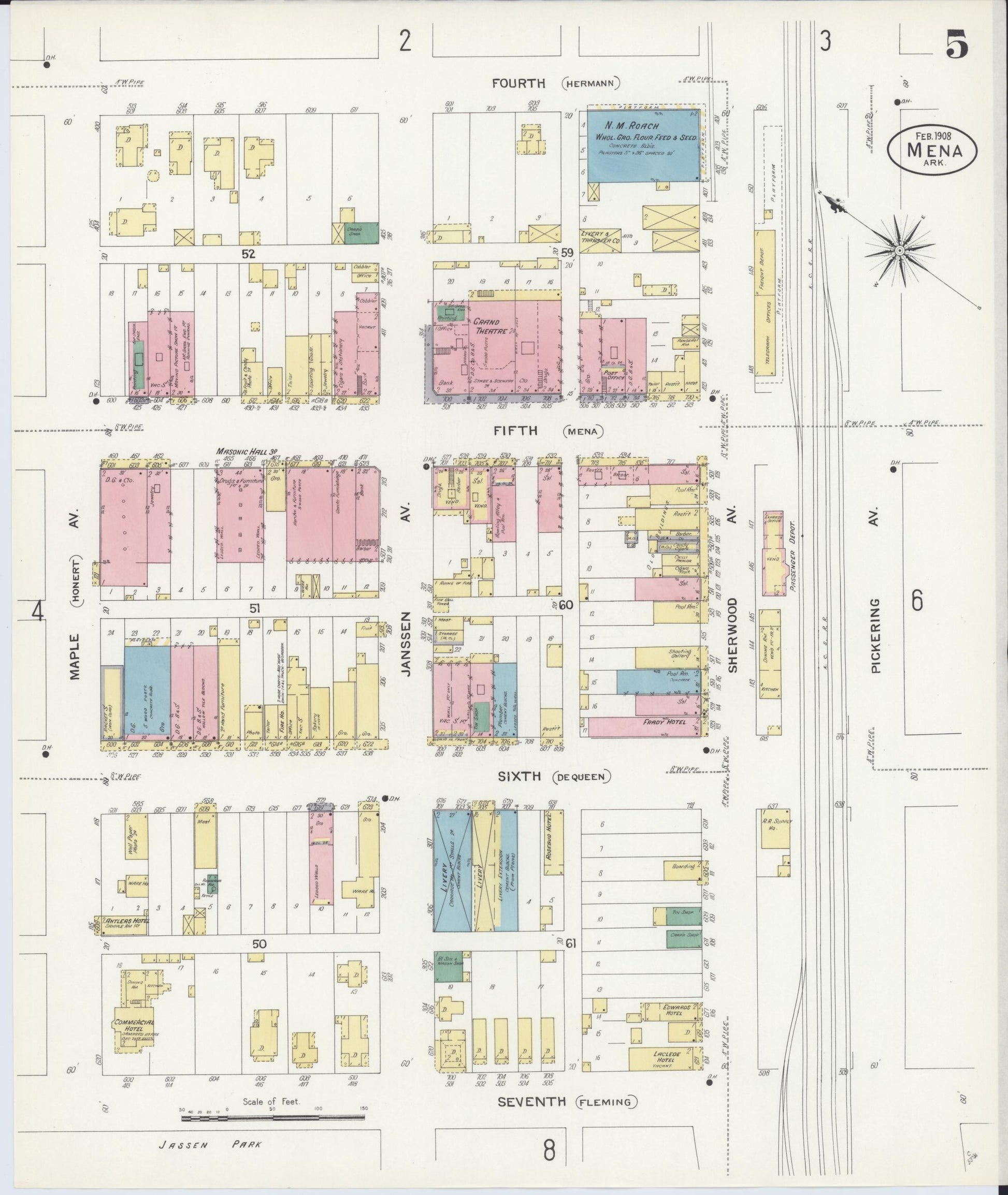 Sanborn Fire Insurance Map from Mena, Polk County, Arkansas (1908), Sheet #0005 - Historic Sanborn Fire Insurance Map Print, vintage old map wall art, antique decor, genealogy gift, Arkansas Arkansas map