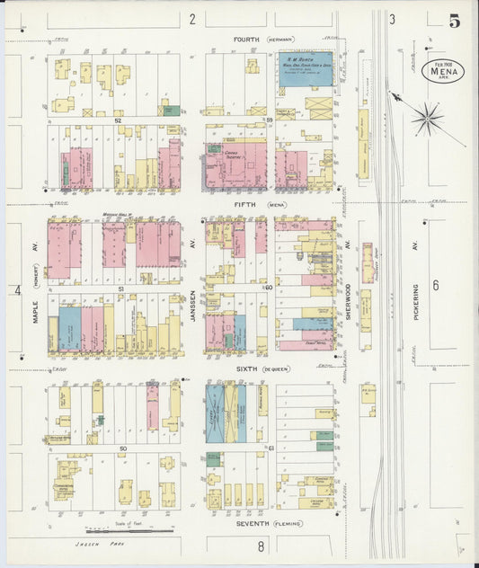 Sanborn Fire Insurance Map from Mena, Polk County, Arkansas (1908), Sheet #0005 - Historic Sanborn Fire Insurance Map Print, vintage old map wall art, antique decor, genealogy gift, Arkansas Arkansas map