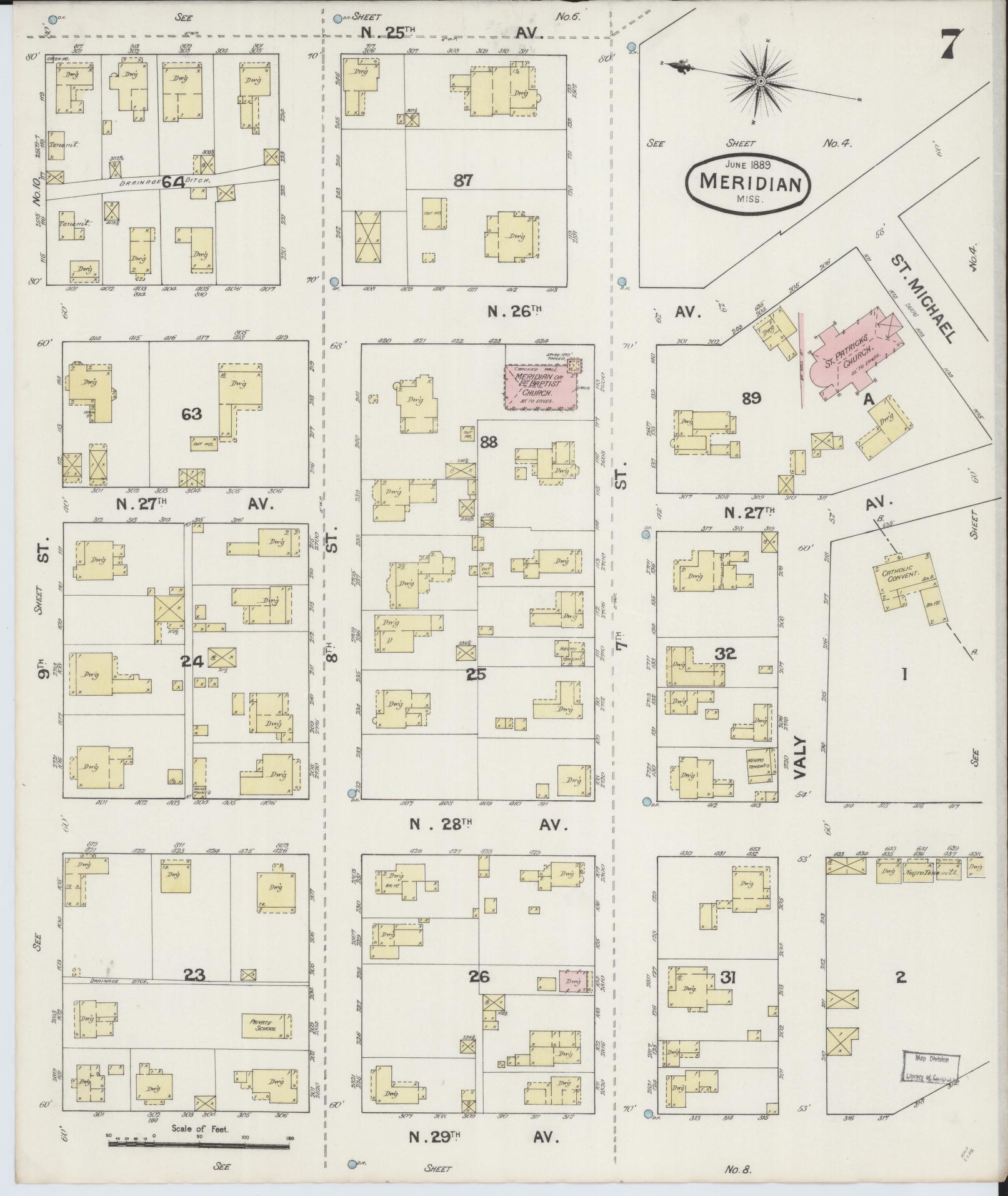 Sanborn Fire Insurance Map from Meridian, Lauderdale County, Mississippi (1889), Sheet #0007 - Historic Sanborn Fire Insurance Map Print, vintage old map wall art, antique decor, genealogy gift, Mississippi Mississippi map