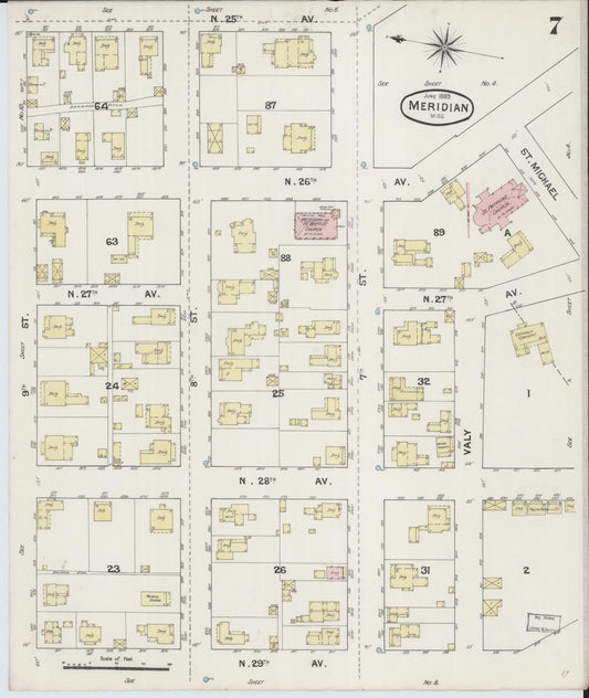 Sanborn Fire Insurance Map from Meridian, Lauderdale County, Mississippi (1889), Sheet #0007 - Historic Sanborn Fire Insurance Map Print, vintage old map wall art, antique decor, genealogy gift, Mississippi Mississippi map