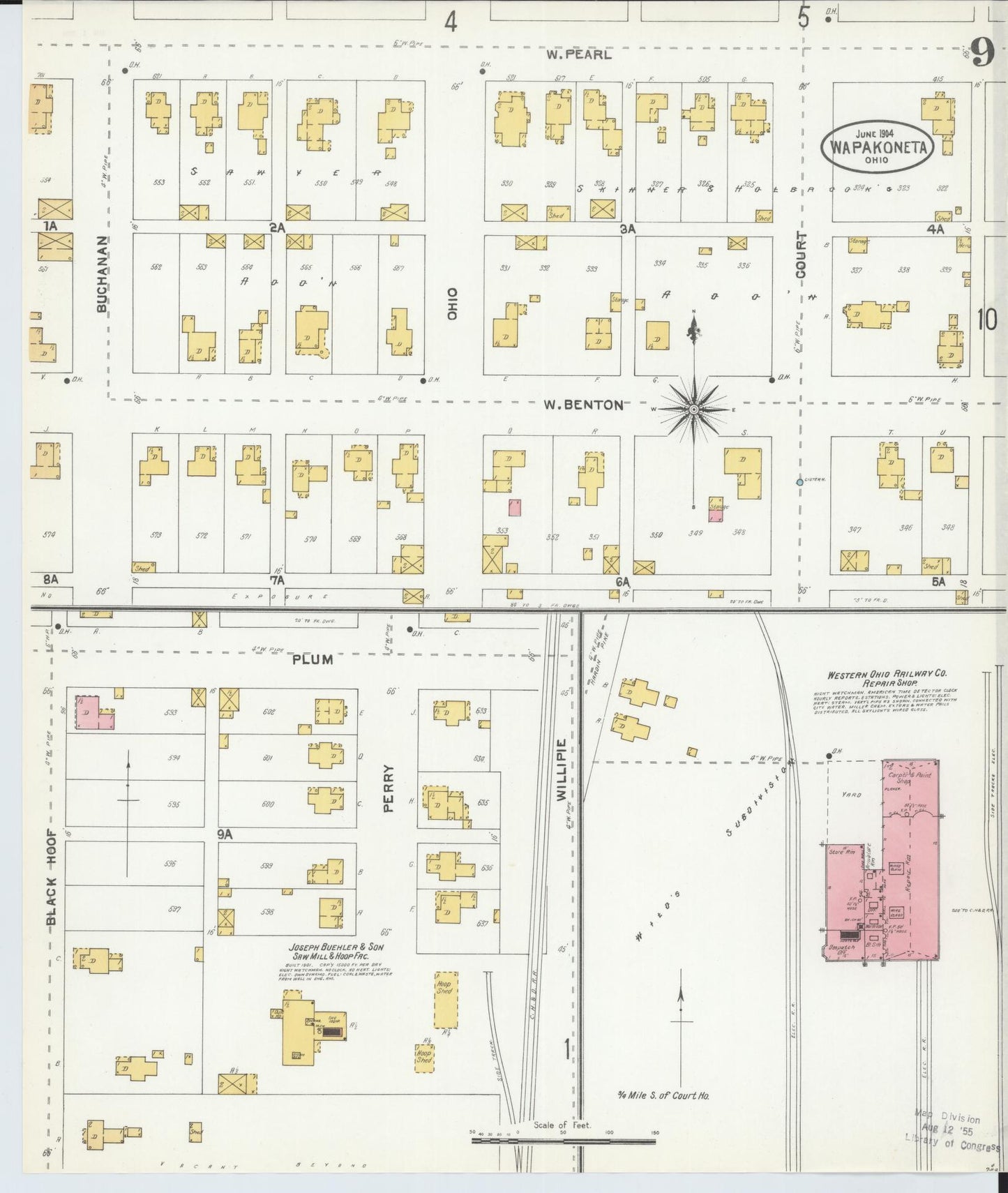 Sanborn Fire Insurance Map from Wapakoneta, Auglaize County, Ohio (1904), Sheet #0009 - Historic Sanborn Fire Insurance Map Print, vintage old map wall art, antique decor, genealogy gift, Ohio Ohio map