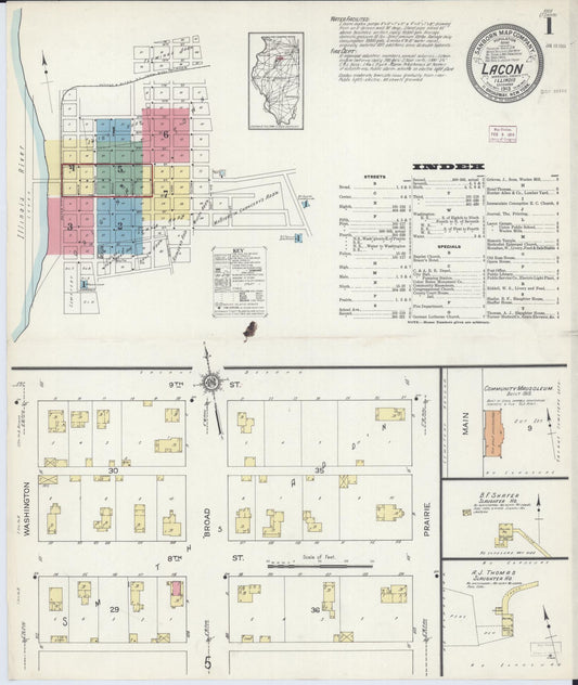 Sanborn Fire Insurance Map from Lacon, Marshall County, Illinois (1913), Sheet #0001 - Complete Map Set gallery image, historic Sanborn map, vintage wall art, Illinois Illinois