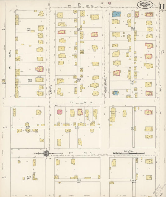 Sanborn Fire Insurance Map from Bozeman, Gallatin County, Montana (1912), Sheet #0011 - Historic Sanborn Fire Insurance Map Print, vintage old map wall art, antique decor, genealogy gift, Montana Montana map