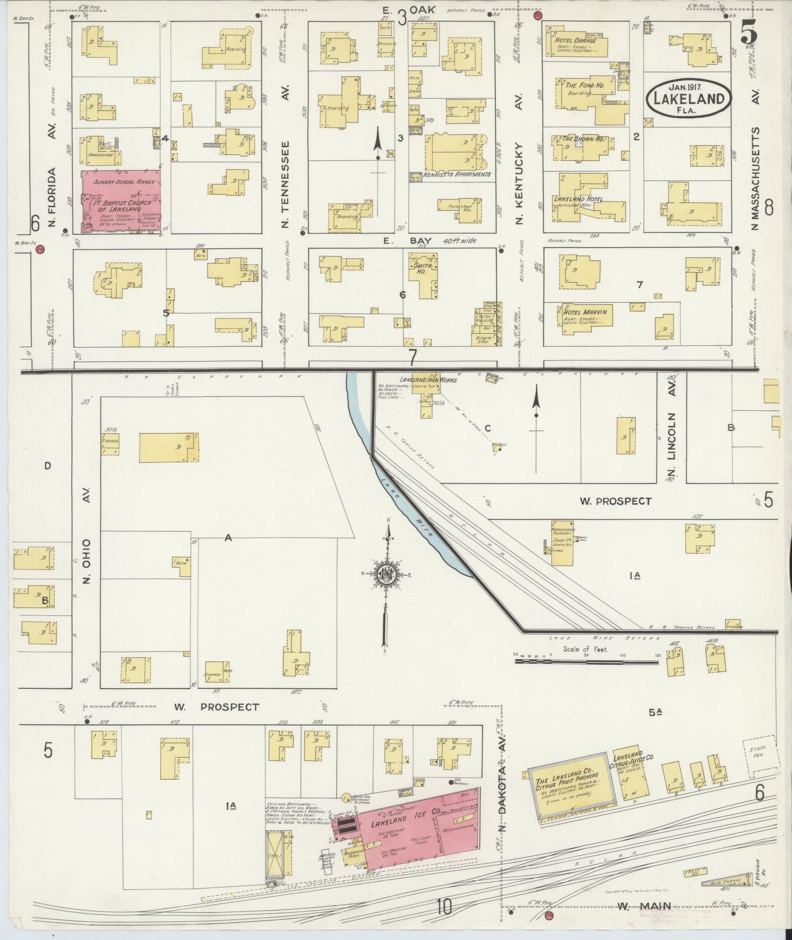 Sanborn Fire Insurance Map from Lakeland, Polk County, Florida (1917), Sheet #0005 - Historic Sanborn Fire Insurance Map Print, vintage old map wall art, antique decor, genealogy gift, Florida Florida map
