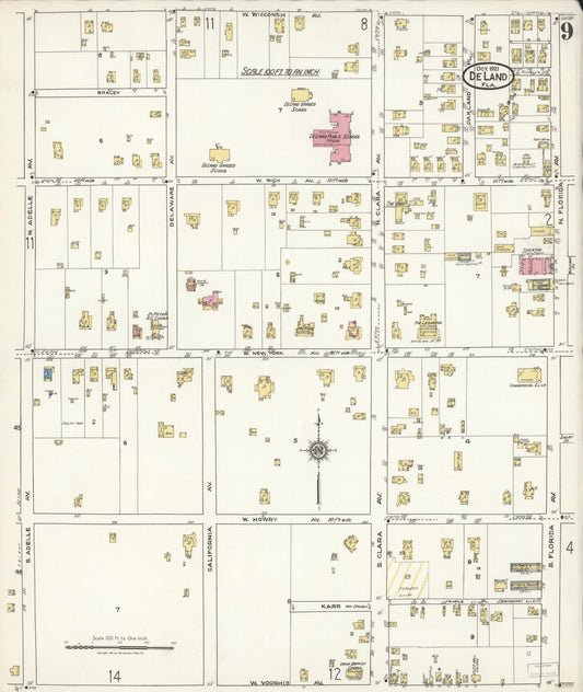 Sanborn Fire Insurance Map from De Land, Volusia County, Florida (1921), Sheet #0009 - Historic Sanborn Fire Insurance Map Print, vintage old map wall art, antique decor, genealogy gift, Florida Florida map