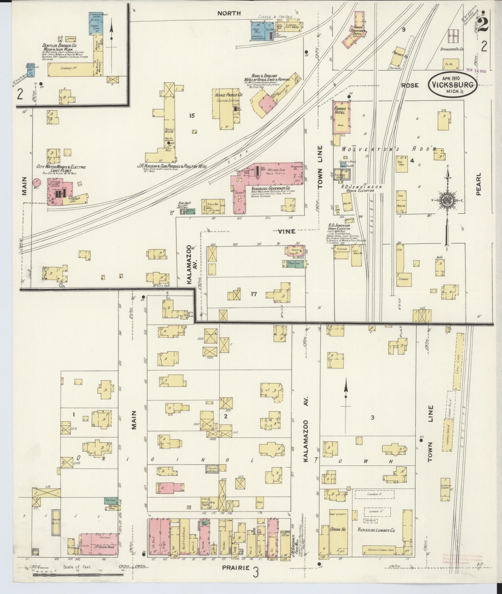 Sanborn Fire Insurance Map from Vicksburg, Kalamazoo County, Michigan (1910), Sheet #0002 - Historic Sanborn Fire Insurance Map Print, vintage old map wall art, antique decor, genealogy gift, Michigan Michigan map