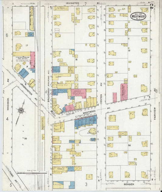 Sanborn Fire Insurance Map from Westwood, Bergen County, New Jersey (1921), Sheet #0002 - Historic Sanborn Fire Insurance Map Print, vintage old map wall art, antique decor, genealogy gift, New Jersey New Jersey map