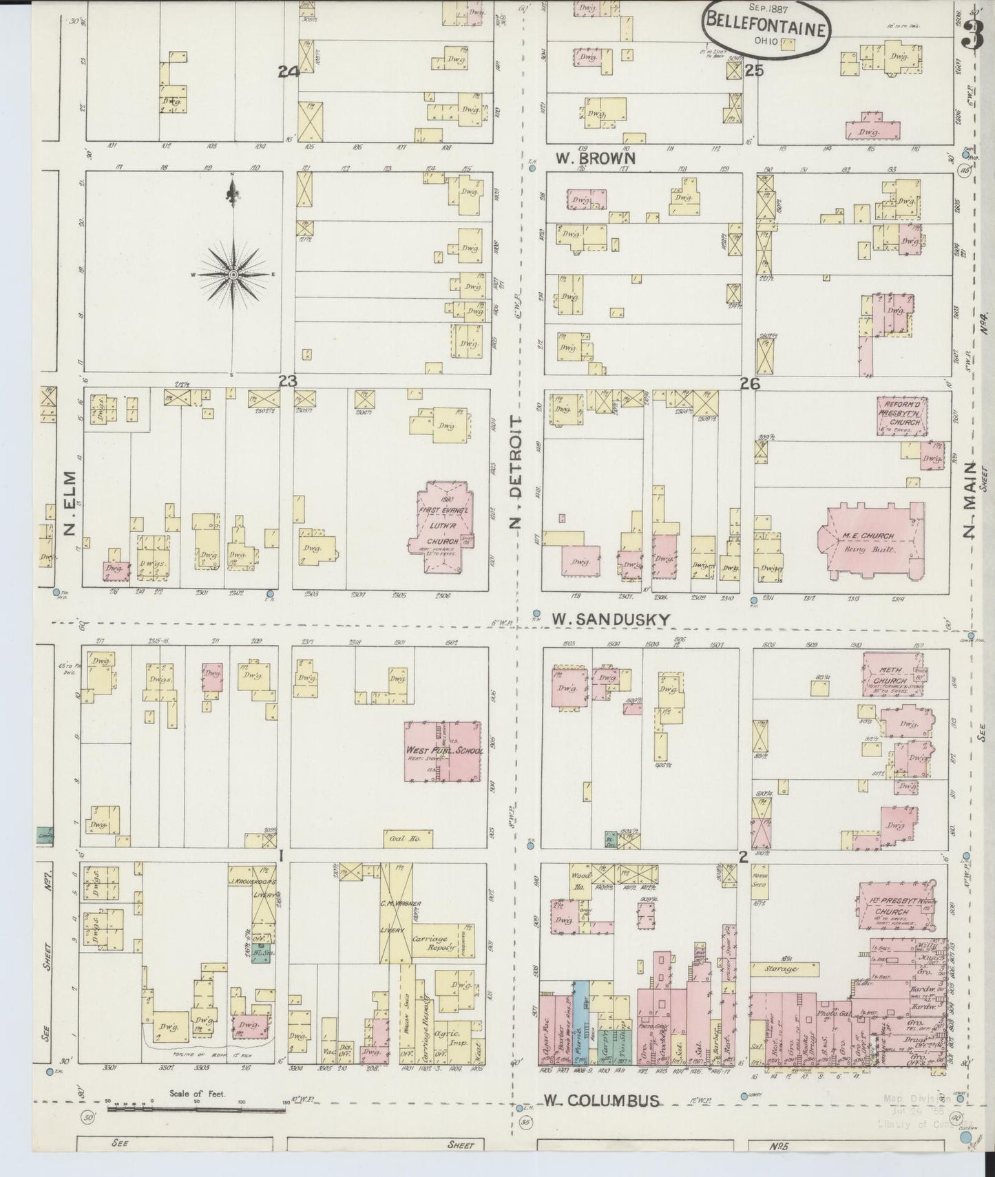 Sanborn Fire Insurance Map from Bellefontaine, Logan County, Ohio (1887), Sheet #0003 - Historic Sanborn Fire Insurance Map Print, vintage old map wall art, antique decor, genealogy gift, Ohio Ohio map