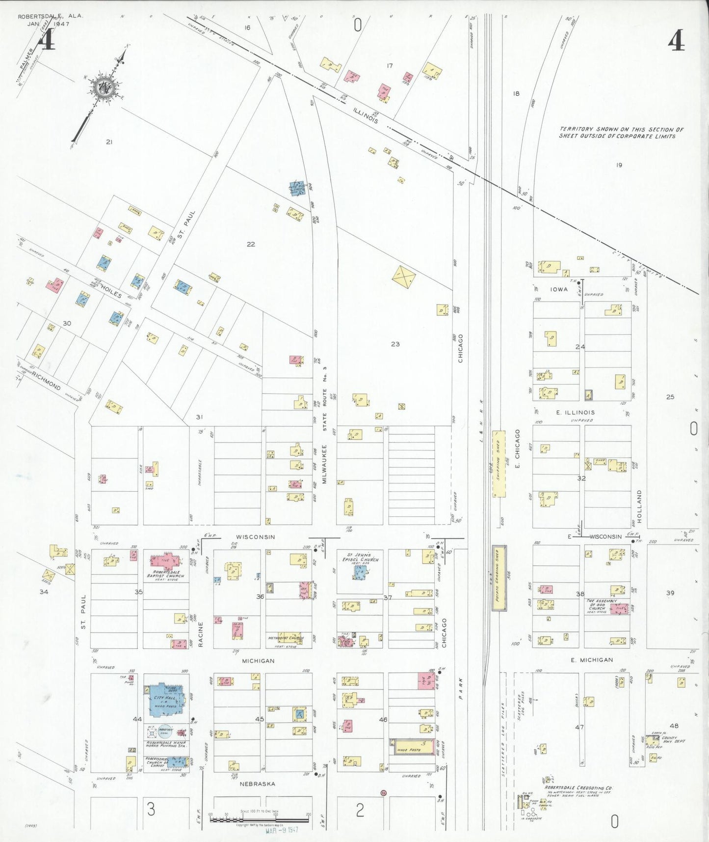 Sanborn Fire Insurance Map from Robertsdale, Baldwin County, Alabama (1947), Sheet #0004 - Historic Sanborn Fire Insurance Map Print, vintage old map wall art, antique decor, genealogy gift, Alabama Alabama map