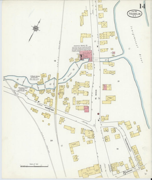 Sanborn Fire Insurance Map from Franklin, Merrimack County, New Hampshire (1911), Sheet #0014 - Historic Sanborn Fire Insurance Map Print, vintage old map wall art, antique decor, genealogy gift, New Hampshire New Hampshire map