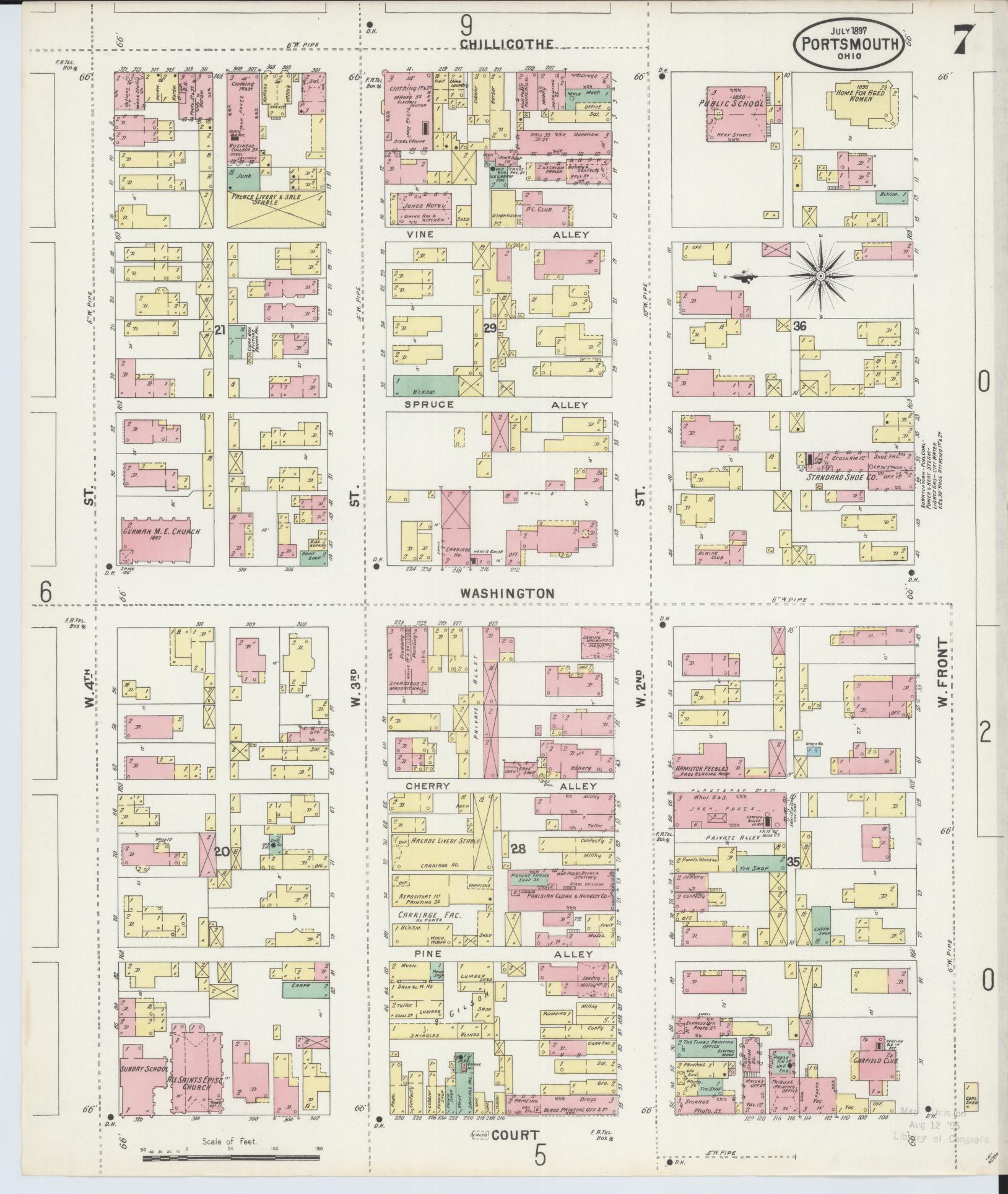 Sanborn Fire Insurance Map from Portsmouth, Scioto County, Ohio (1897), Sheet #0007 - Historic Sanborn Fire Insurance Map Print, vintage old map wall art, antique decor, genealogy gift, Ohio Ohio map