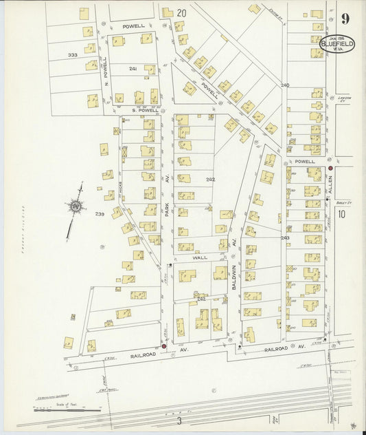 Sanborn Fire Insurance Map from Bluefield, Mercer County, West Virginia (1914), Sheet #0009 - Historic Sanborn Fire Insurance Map Print, vintage old map wall art, antique decor, genealogy gift, West Virginia West Virginia map