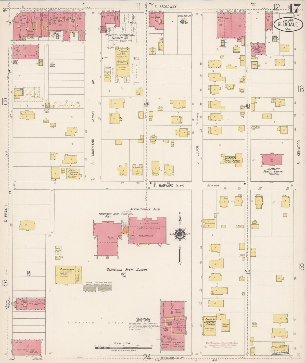 Sanborn Fire Insurance Map from Glendale, Los Angeles County, California (1919), Sheet #0017 - Complete Map Set gallery image, historic Sanborn map, vintage wall art, California California