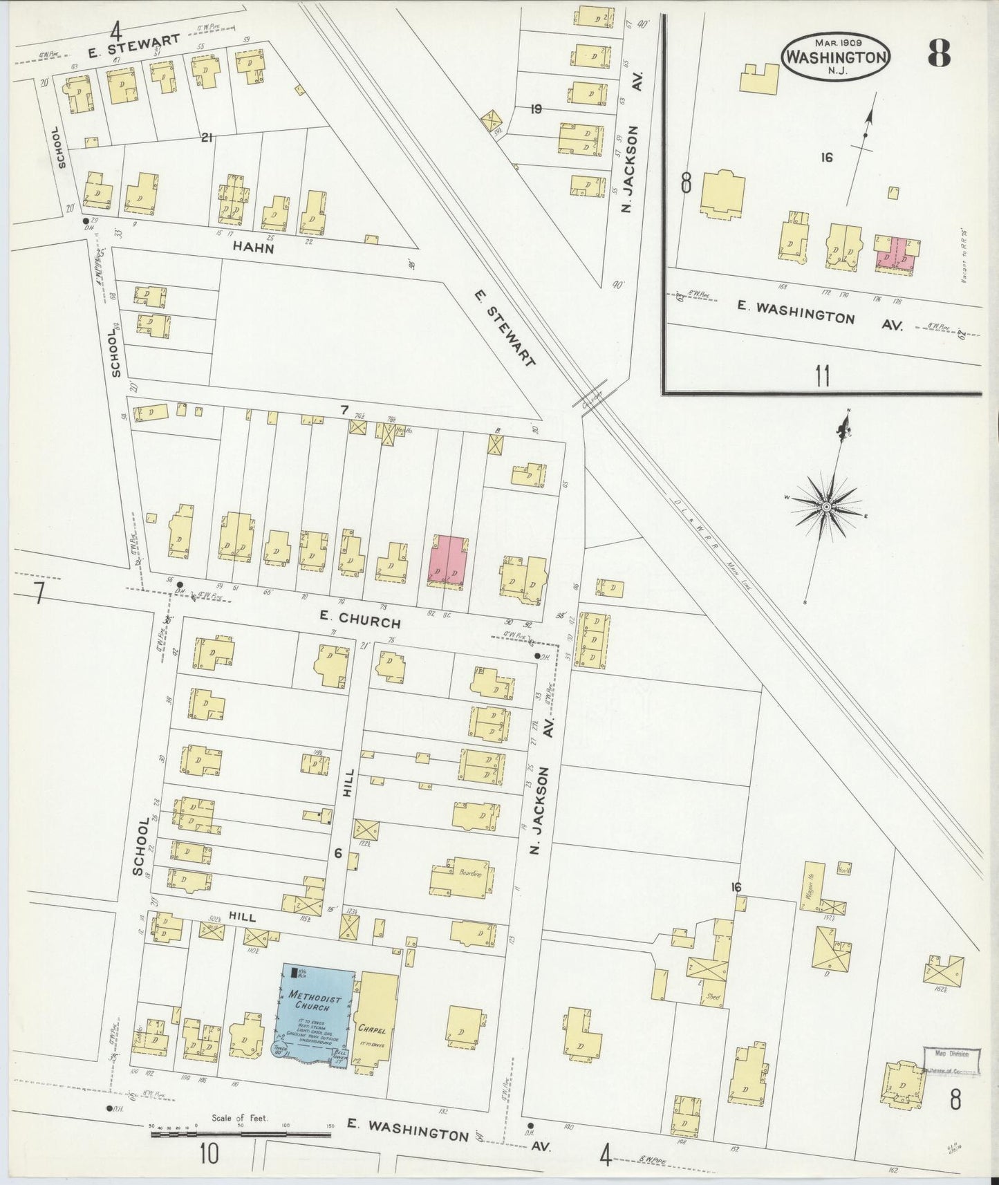 Sanborn Fire Insurance Map from Washington, Warren County, New Jersey (1909), Sheet #0008 - Historic Sanborn Fire Insurance Map Print, vintage old map wall art, antique decor, genealogy gift, Washington Washington map
