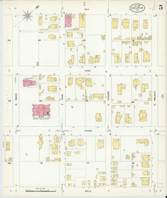 Sanborn Fire Insurance Map from Decatur, Morgan County, Alabama (1908), Sheet #0005 - Historic Sanborn Fire Insurance Map Print, vintage old map wall art, antique decor, genealogy gift, Alabama Alabama map