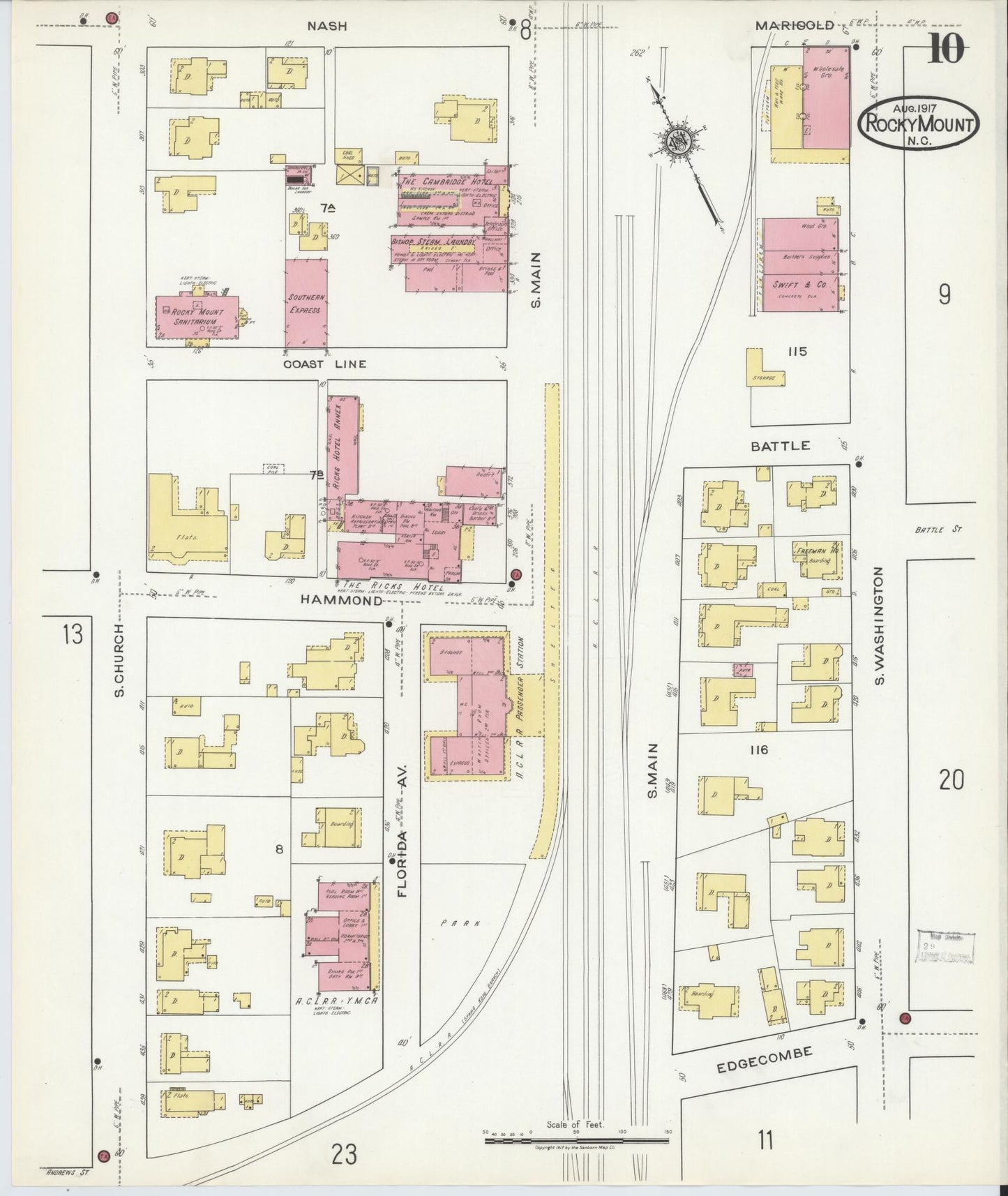 Sanborn Fire Insurance Map from Rocky Mount, Edgecombe And Nash Counties, North Carolina (1917), Sheet #0010 - Complete Map Set gallery image, historic Sanborn map, vintage wall art, North Carolina North Carolina