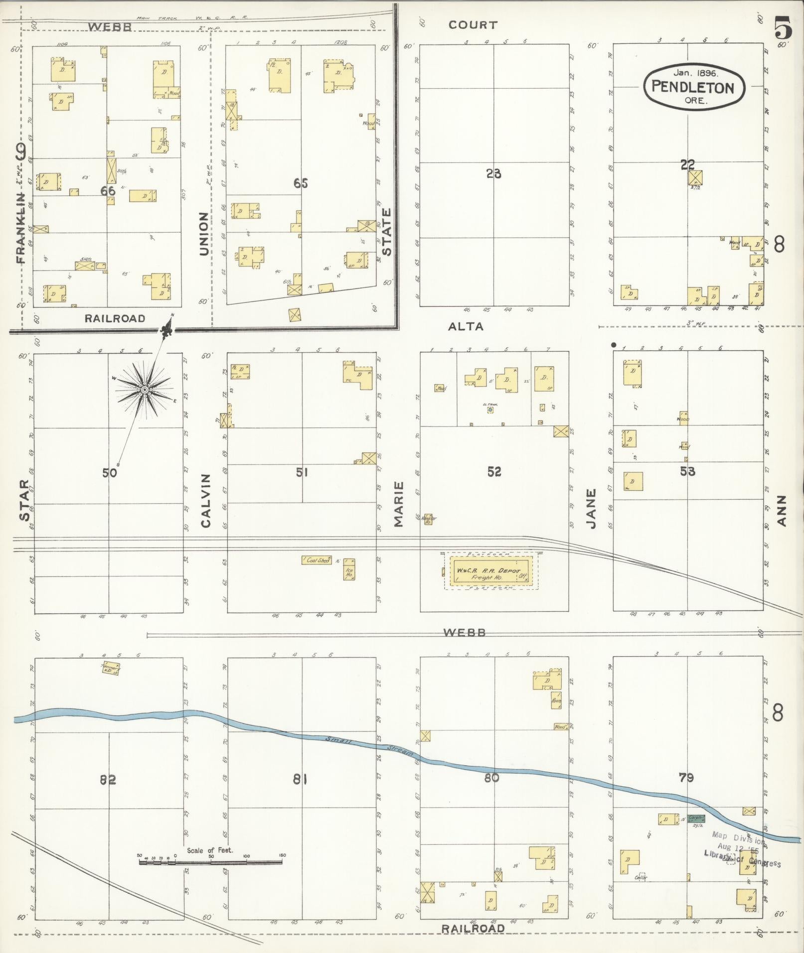 Sanborn Fire Insurance Map from Pendleton, Umatilla County, Oregon (1896), Sheet #0005 - Historic Sanborn Fire Insurance Map Print, vintage old map wall art, antique decor, genealogy gift, Oregon Oregon map